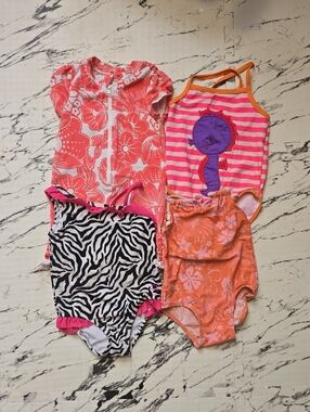 Kids Floral & Stripe One-Piece Swimsuit Set in Coral, Pink, Orange & Black